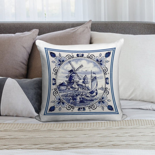 DUTCH BLUE DELFT Vintage Windmill Print Soft Gift Ready Throw Pillow