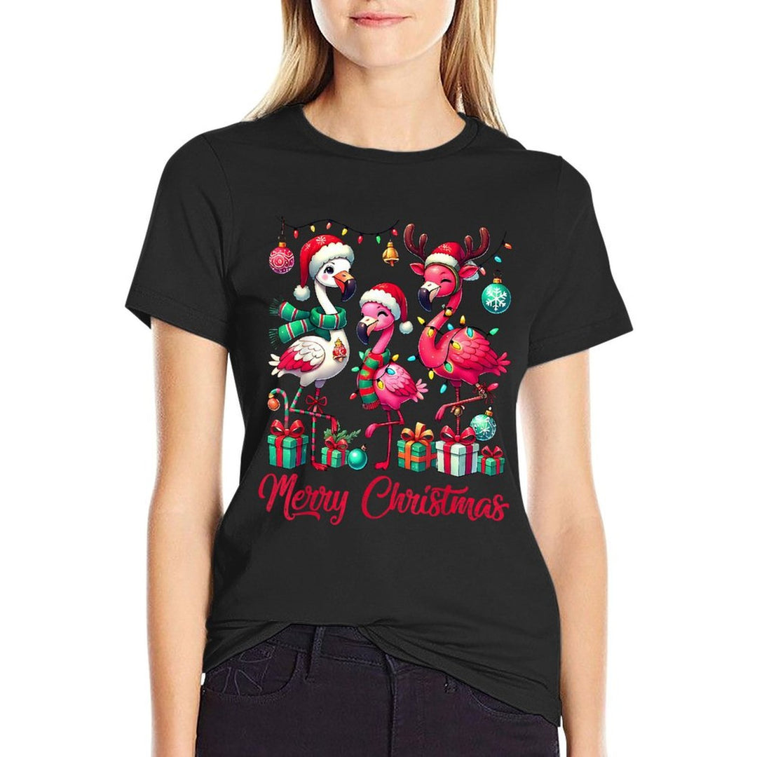 Merry Christmas Lights Flamingo Santa Hat Snow Xmas Pajamas  Moisture-wicking T-Shirt