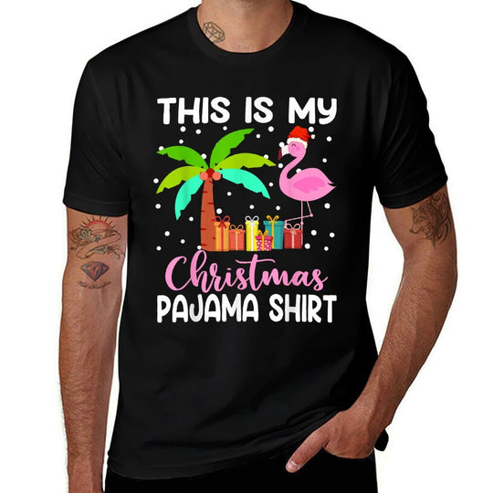 This Is My Christmas Pajamas Funny Pink Flamingo Christmas  Summer-ready Fabric T-Shirt