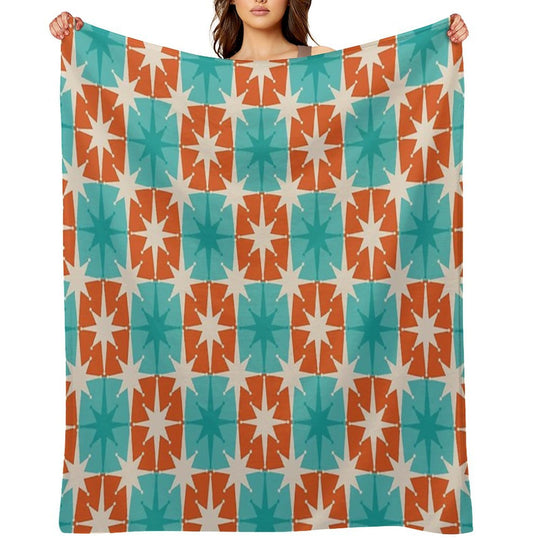 Mid Century Modern Atomic Stars Retro Checkered Starburst Pattern in Teal Turquoise Orange Plush Throw Blanket