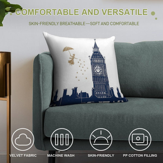 Mary Poppins And Big Ben Linocut Soft Hidden Zipper Throw Pillow