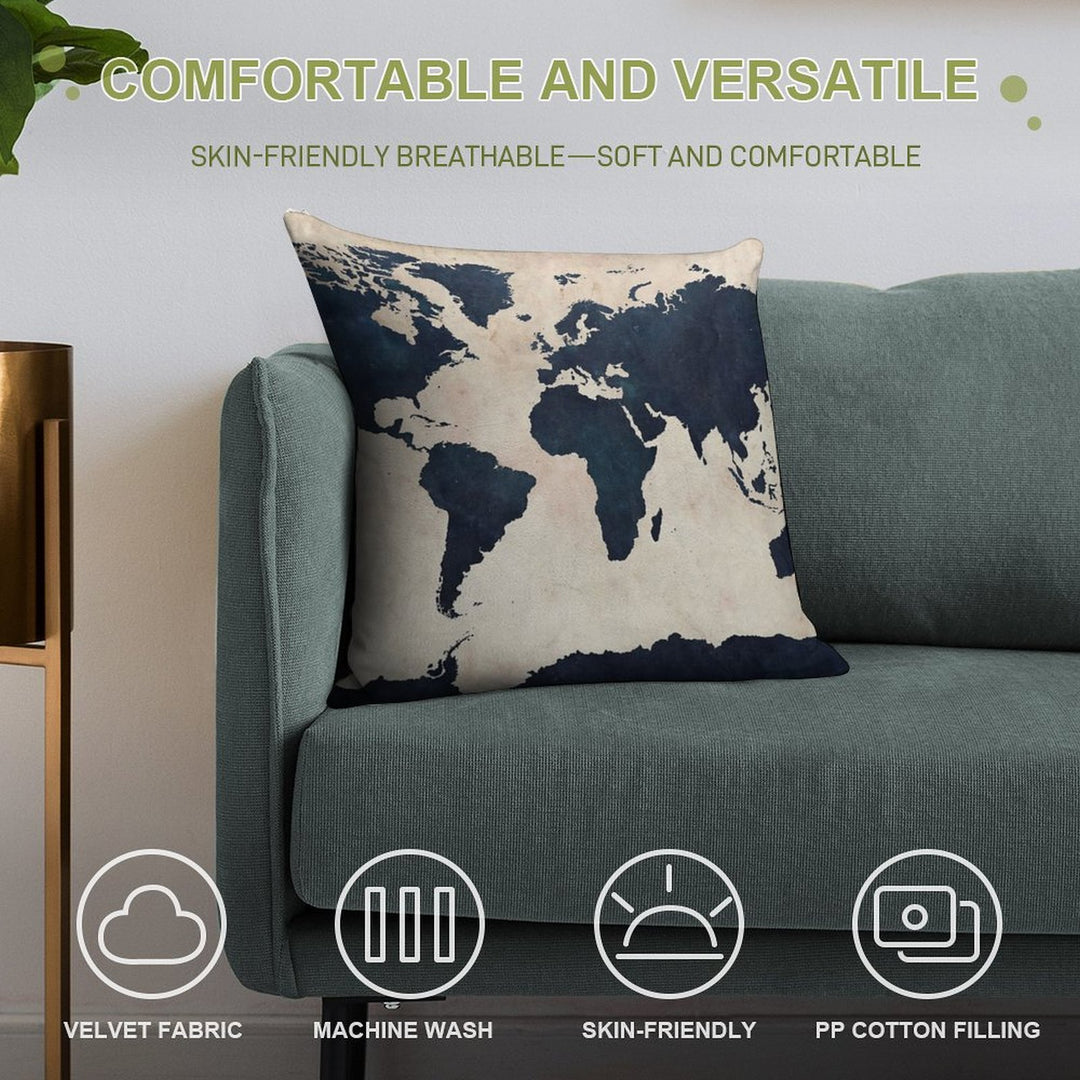 World Map Distressed Navy Soft High-Density Material Throw Pillow