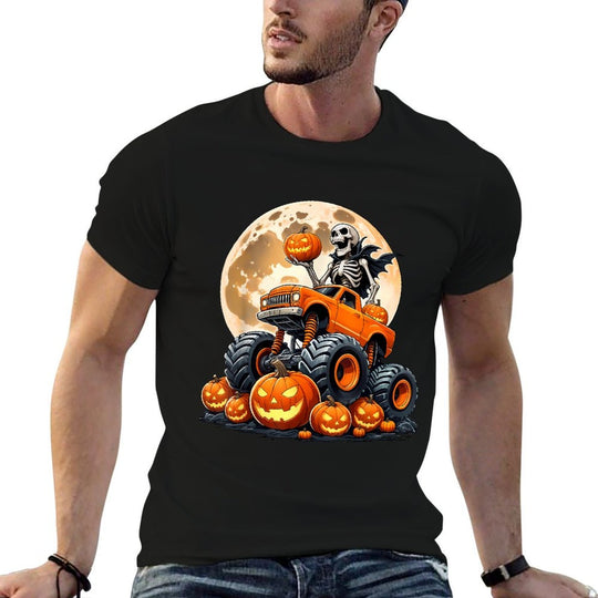 Skeleton Riding Monster Truck Halloween Pumpkin Kids Toddler  Soft T-Shirt