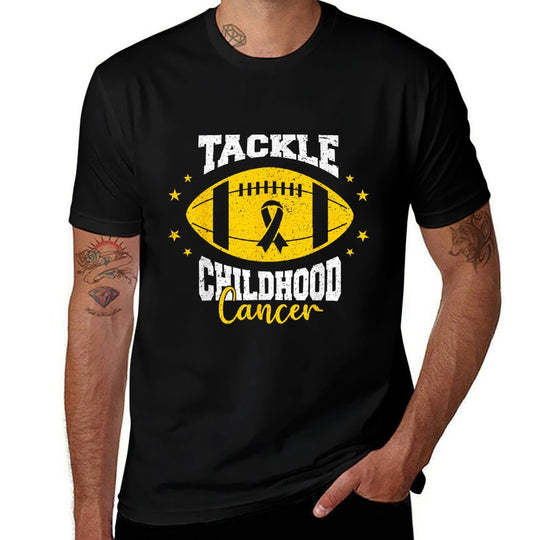 Tackle Childhood Cancer Awareness Football Gold Ribbon  Rolled Sleeves T-Shirt