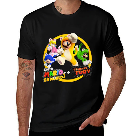 Super Mario 3D World Bowsers Fury Cat Suit Group Jump  Graphic-printed T-Shirt