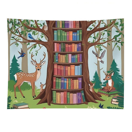 Enchanted Forest Library – Whimsical Book Haven Illustration Tapestry