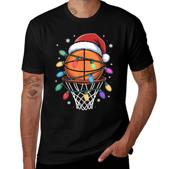 Christmas Basketball Santa Hat Xmas Light Basketball Lover  Slim-fit Cut T-Shirt