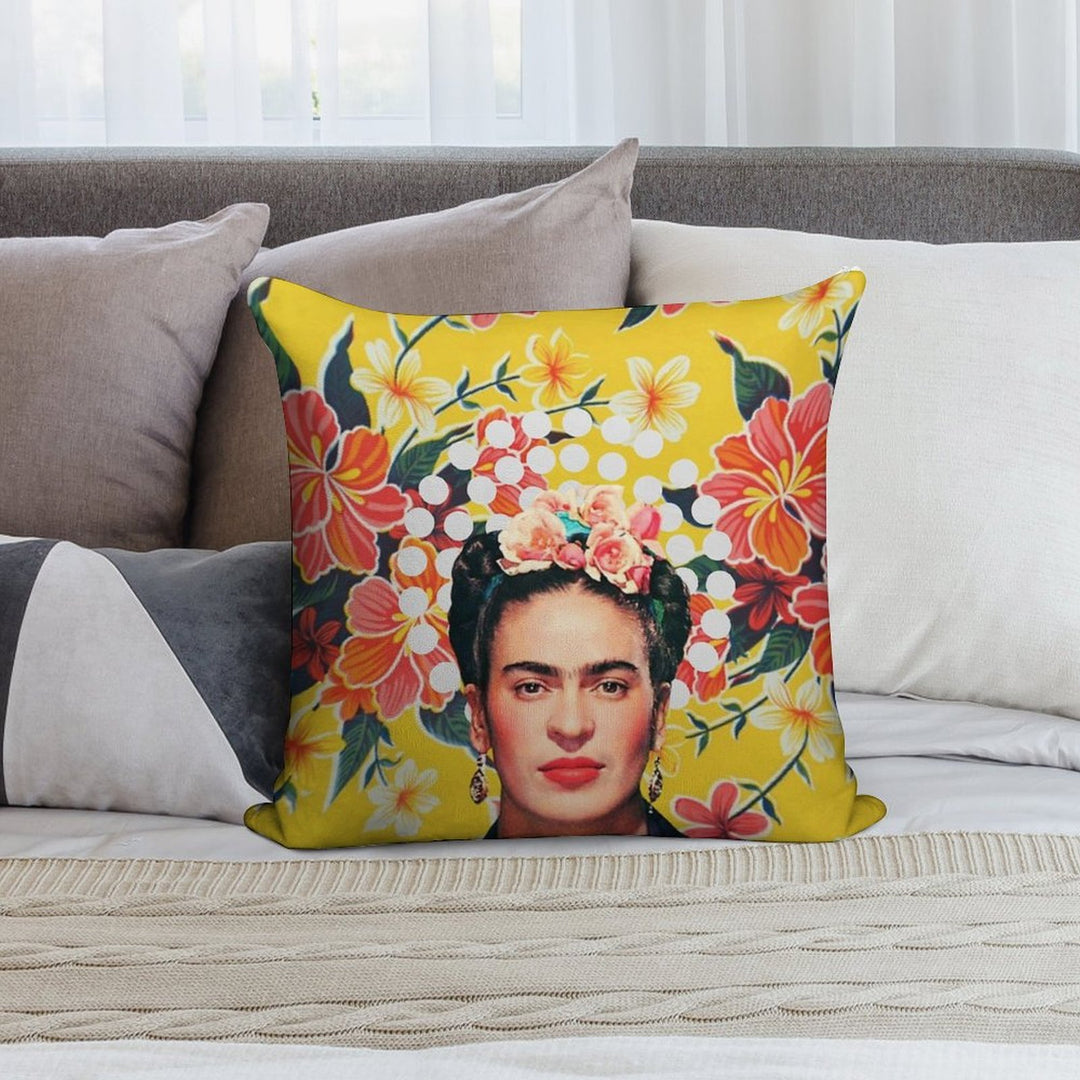 Frida Kahlo Print, Flowers, Color on Ocher Mexican Tablecloth Soft Bedroom Essential Throw Pillow