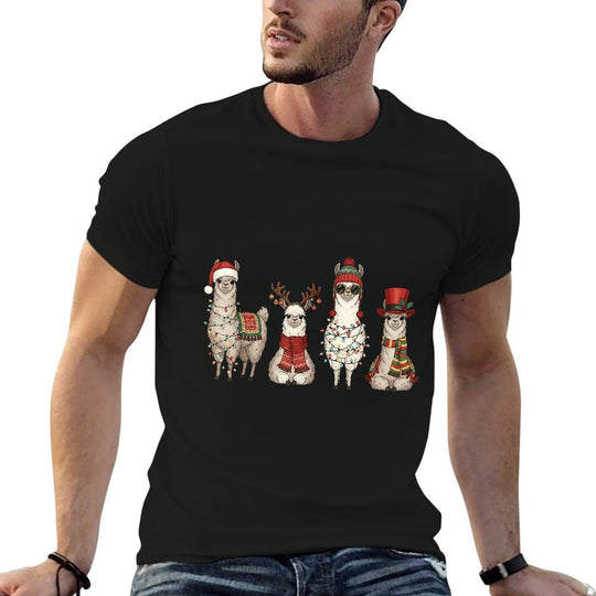 Christmas Llama Quartet Lights Santa Antlers Top Hat Scarf  Cotton T-Shirt