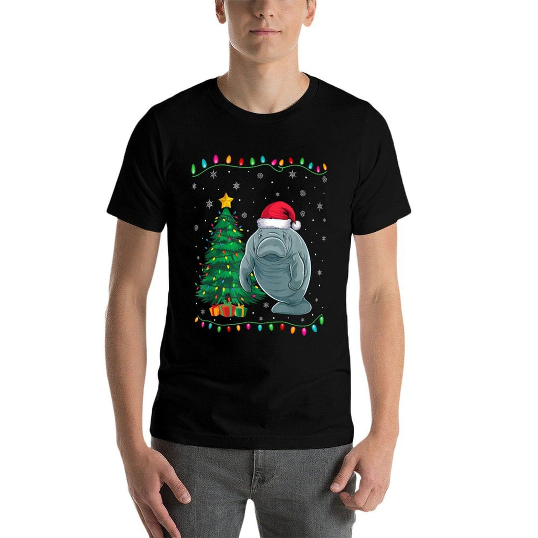 Manatee Santa Hat Men Women Kids Christmas Tree Lights  Soft T-Shirt