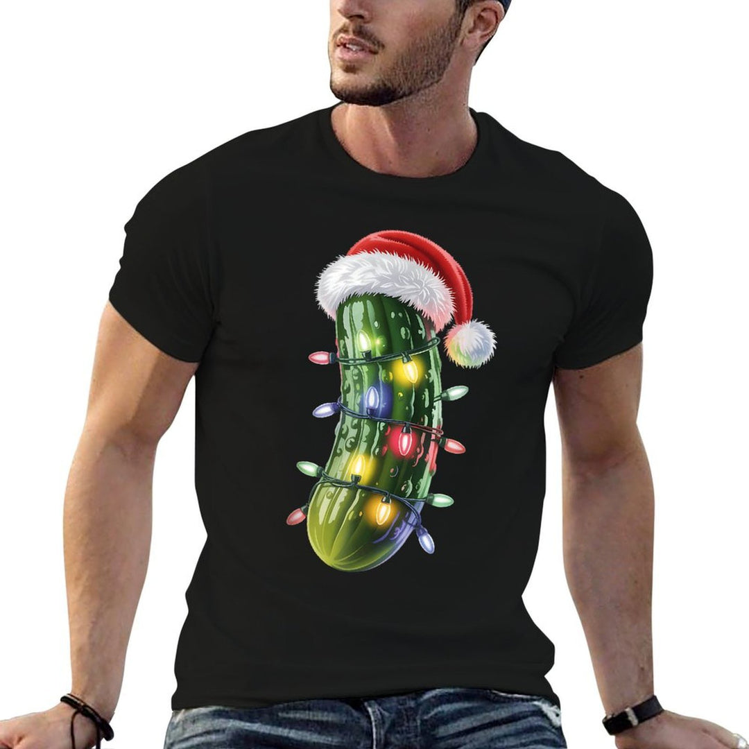 Funny Pickle Santa Hat Christmas Lights Xmas Men Women  Polyester Blend T-Shirt