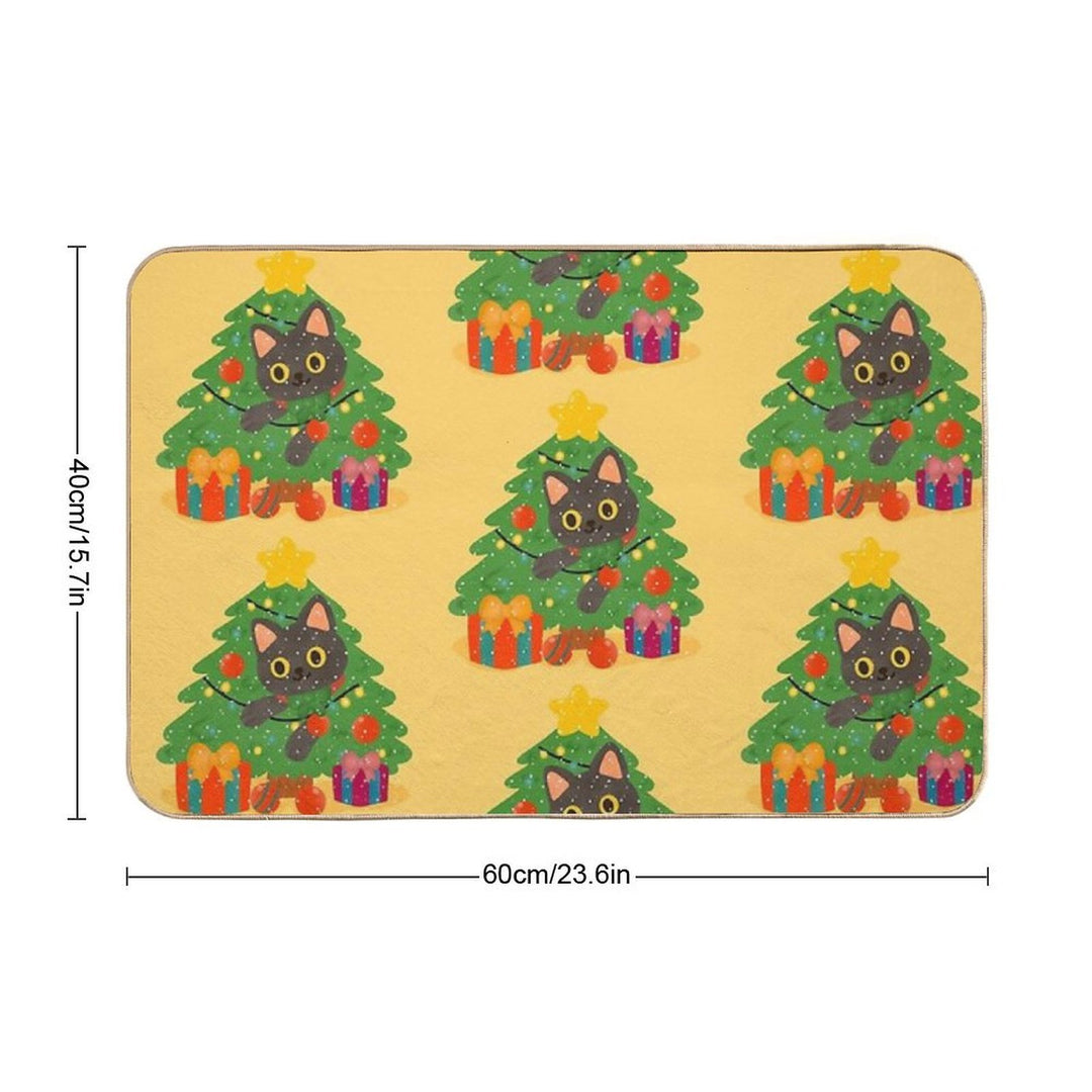 Christmas Black Cat with Tree – Cute Holiday Illustration  Long-Lasting Bath Mat