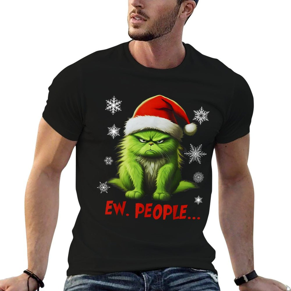 Funny Christmas Cat Ew People Meowy Cat Lovers Santa Hat Y2K  Easy-care T-Shirt