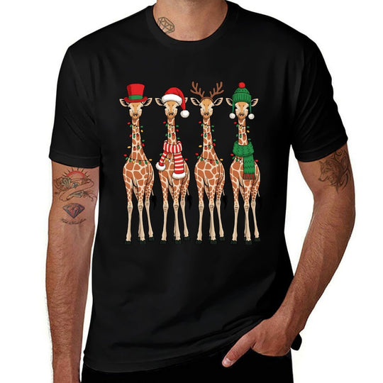 Cute Christmas Giraffes Reindeer Santa Hat Lights Holiday  Slim-fit Cut T-Shirt