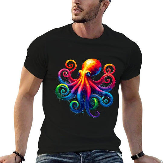 Vibrant Rainbow Octopus Psychedelic Art Sea Creature  Stretchy T-Shirt
