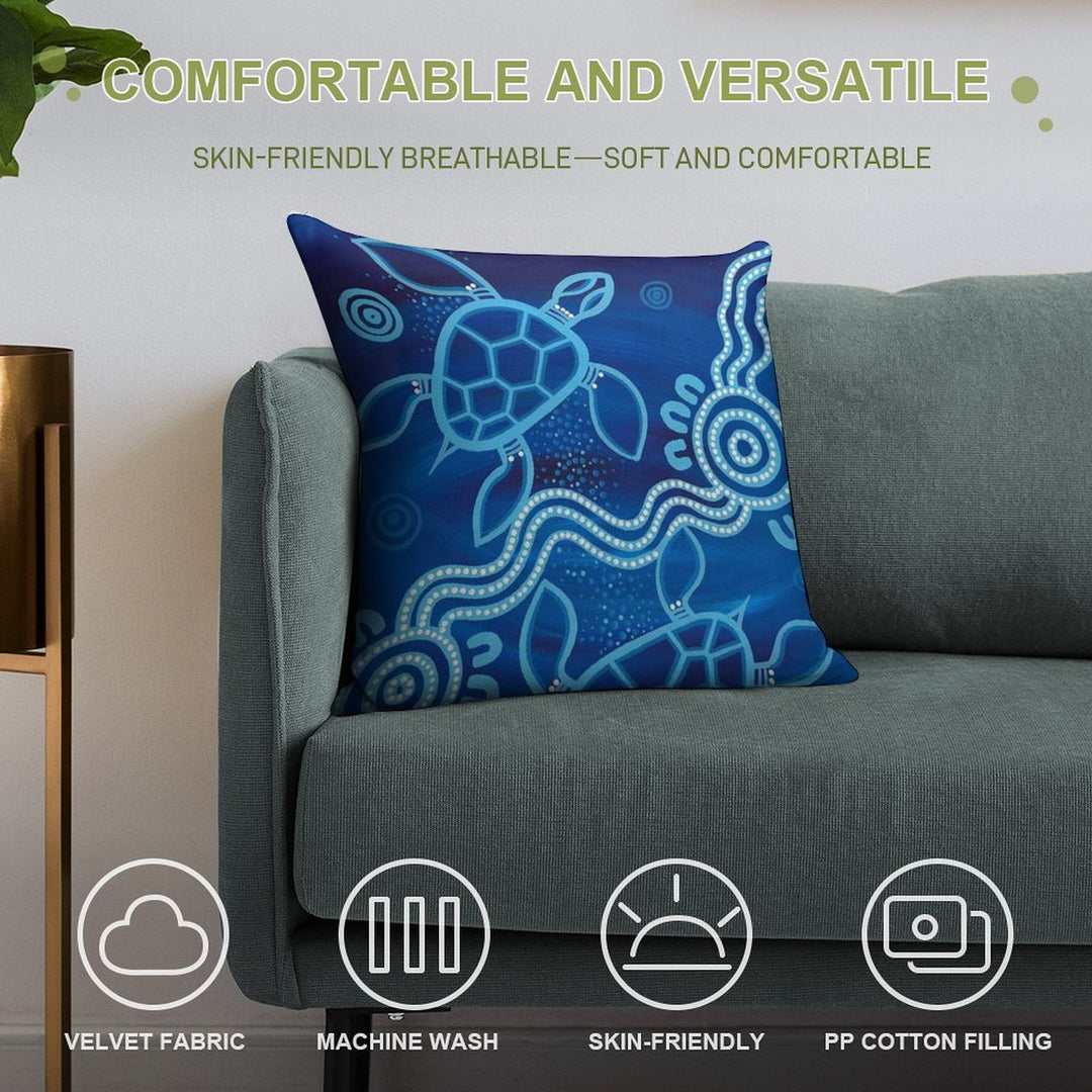 Authentic Aboriginal Art - 2 Sea Turtles Soft Home Decor Throw Pillow