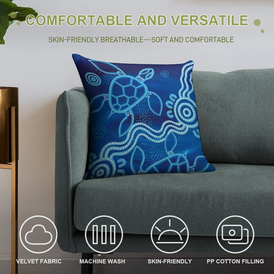 Authentic Aboriginal Art - 2 Sea Turtles Soft Home Decor Throw Pillow