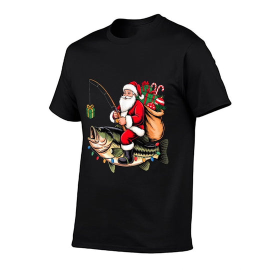 Santa Riding Bass Fish Christmas Fishing Funny Xmas Pajamas  Heathered Texture T-Shirt