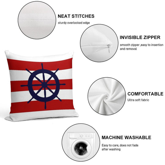 Nautical Navy Blue Ship's Steering Wheel On Red Stripes Soft Fade-Resistant Throw Pillow