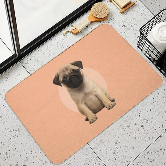 Cute Pug Puppy on Ditsy Background - Peach  Odorless Bath Mat