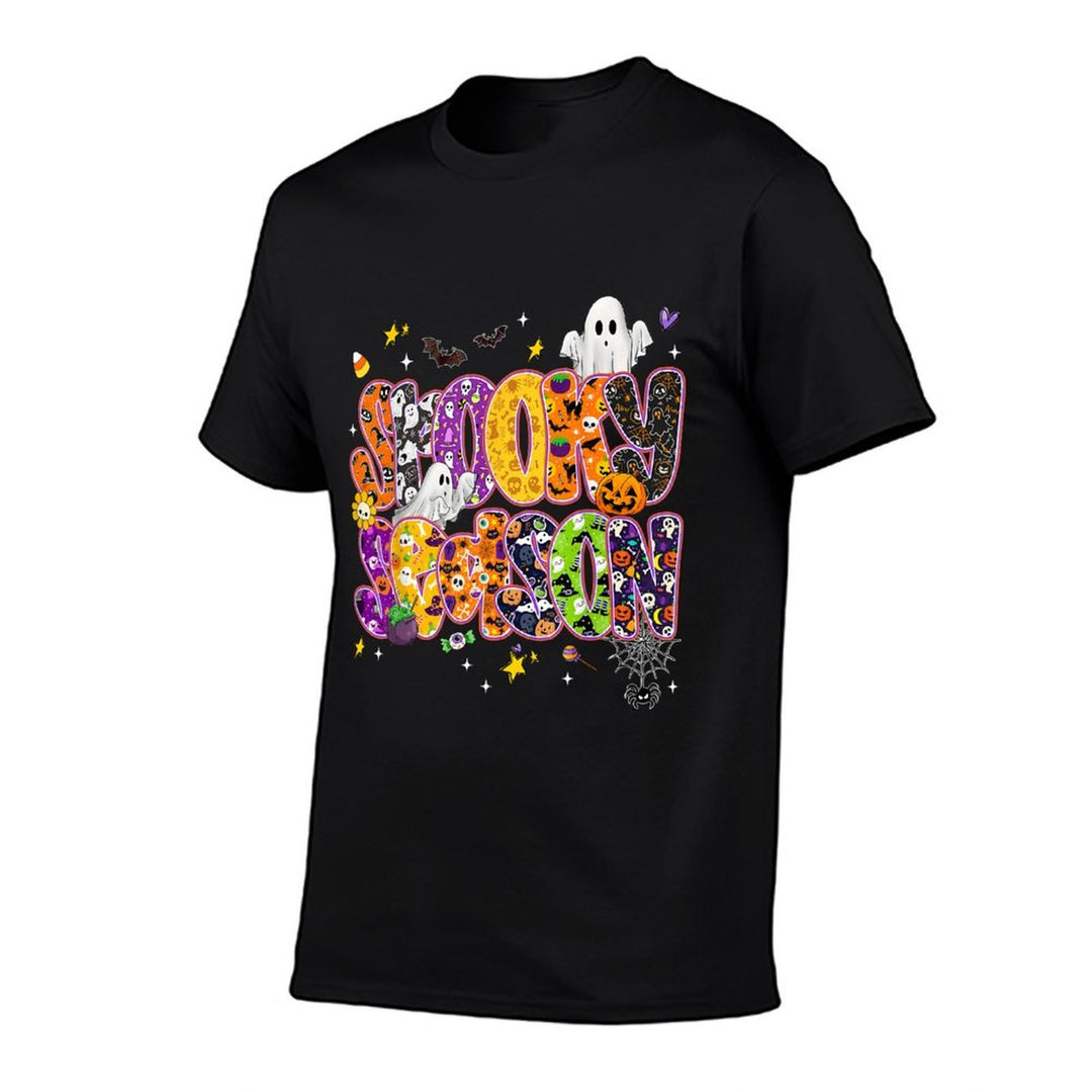 Cute Ghost Groovy Happy Halloween Spooky Season Floral  Rolled Sleeves T-Shirt