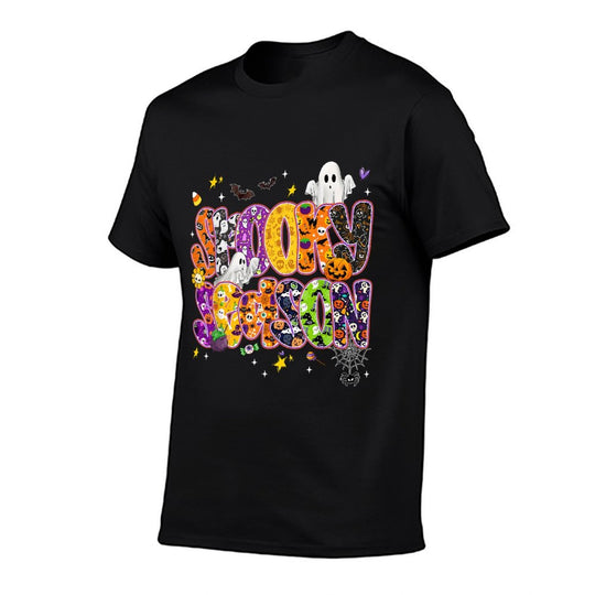 Cute Ghost Groovy Happy Halloween Spooky Season Floral  Rolled Sleeves T-Shirt