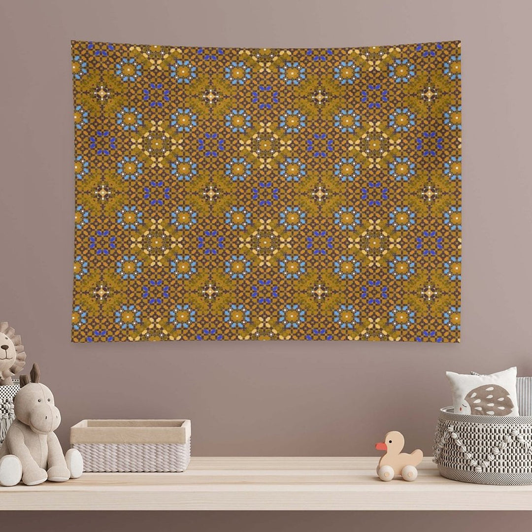 Golden Brown Geometric Composition with Turquoise Flowers Tapestry