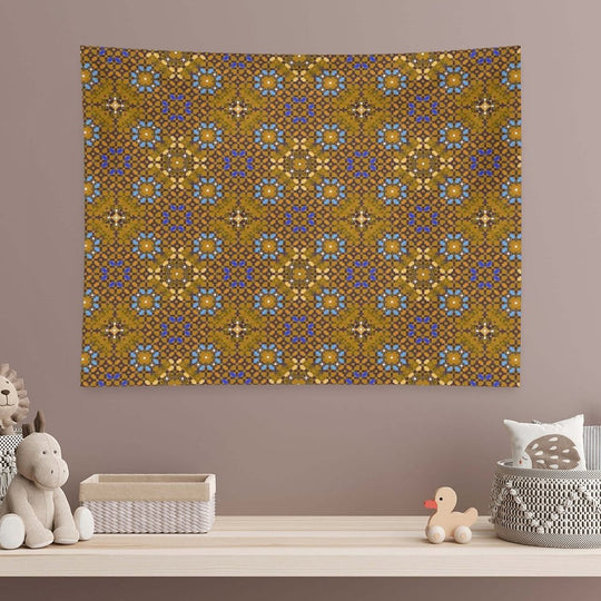 Golden Brown Geometric Composition with Turquoise Flowers Tapestry