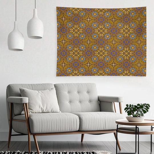 Golden Brown Geometric Composition with Turquoise Flowers Tapestry