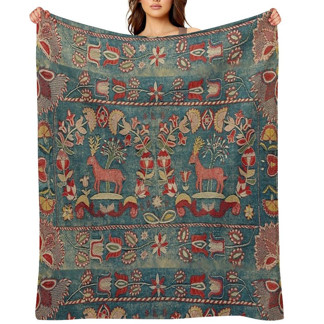 ANTIQUE  RED BLUE SWEDISH TAPESTRY WITH DEERS AND FLOWERS Shrink-resistant Throw Blanket
