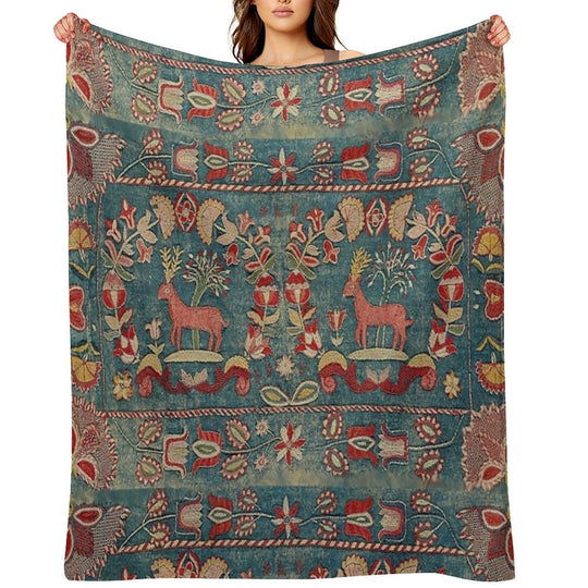 ANTIQUE  RED BLUE SWEDISH TAPESTRY WITH DEERS AND FLOWERS Shrink-resistant Throw Blanket