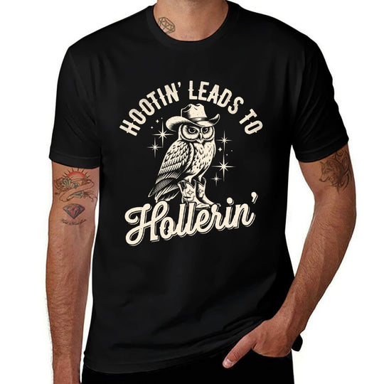 Hootin Leads To Hollerin Western Funny Cowboy Owl  Eco-friendly Material T-Shirt