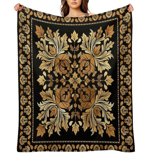 Oriental Vintage Damask Ornament - Black And Gold All-season Throw Blanket