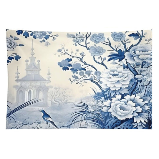 Cerulean Pastoral Pavillion Chinoiserie Tapestry