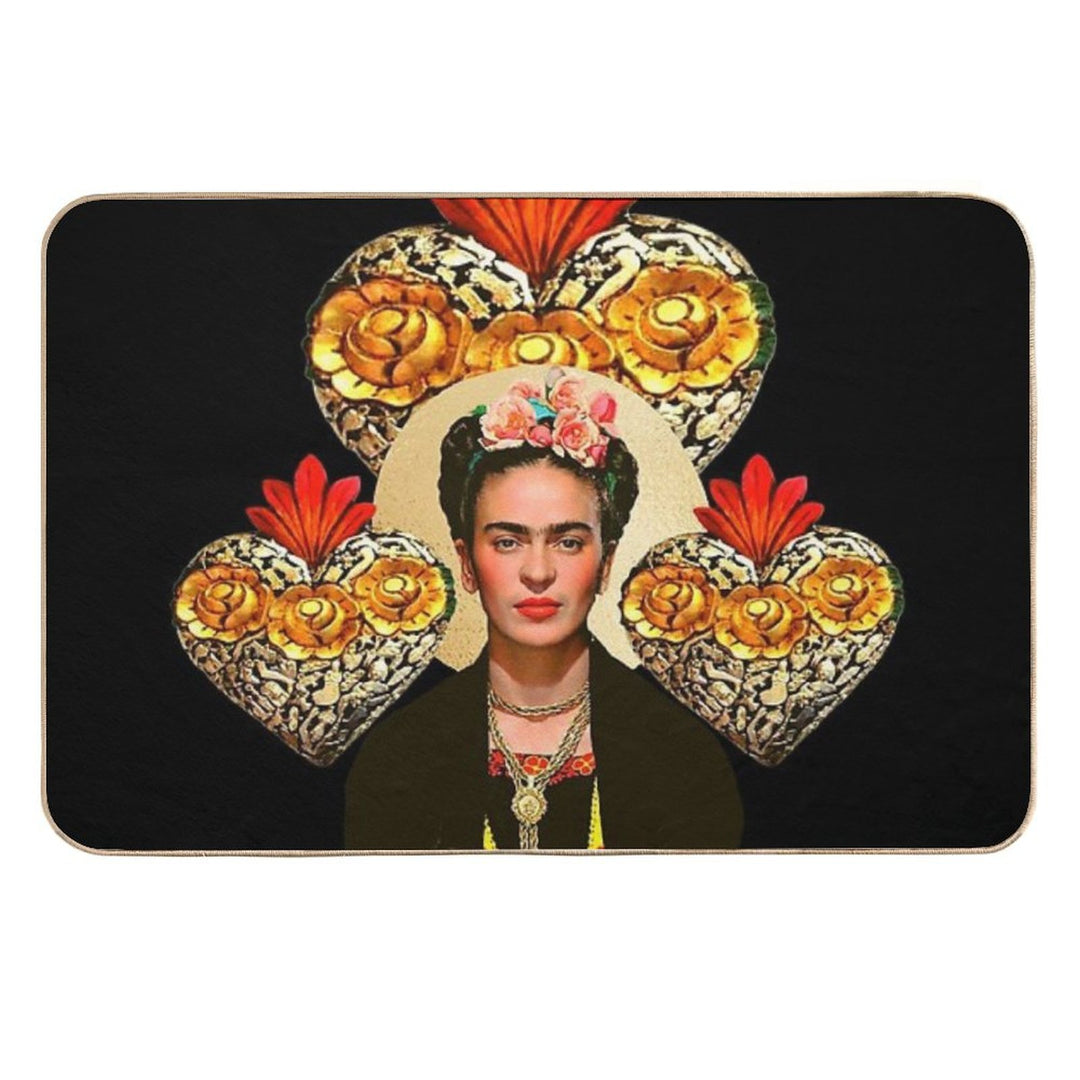 Frida Kahlo Portrait Color, Flowers And Sacred Heart, Black Background  Long-Lasting Bath Mat