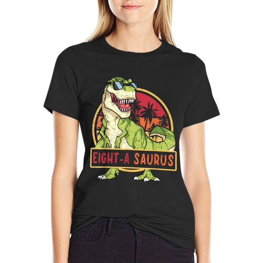 Retro Kids 8 Years Old Birthday 8th T Rex Dino Eight Saurus  Polyester Blend T-Shirt