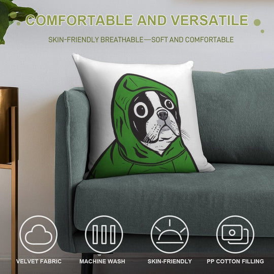 Boston Terrier Green Hoodie Soft Multiple Sizes Throw Pillow