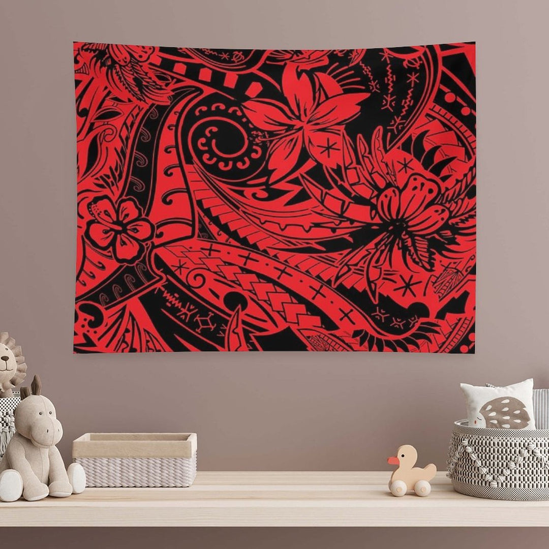 Polynesian Tribal Lava Red Leaf And Floral Print Tapestry