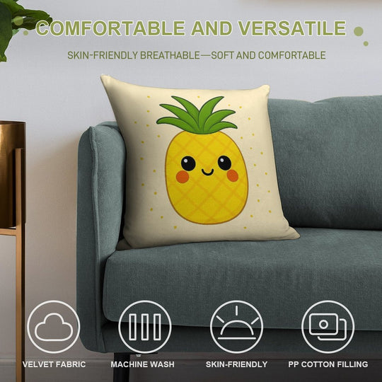Kawaii-Style Pineapple - Light Beige Background Soft Fade-Resistant Throw Pillow
