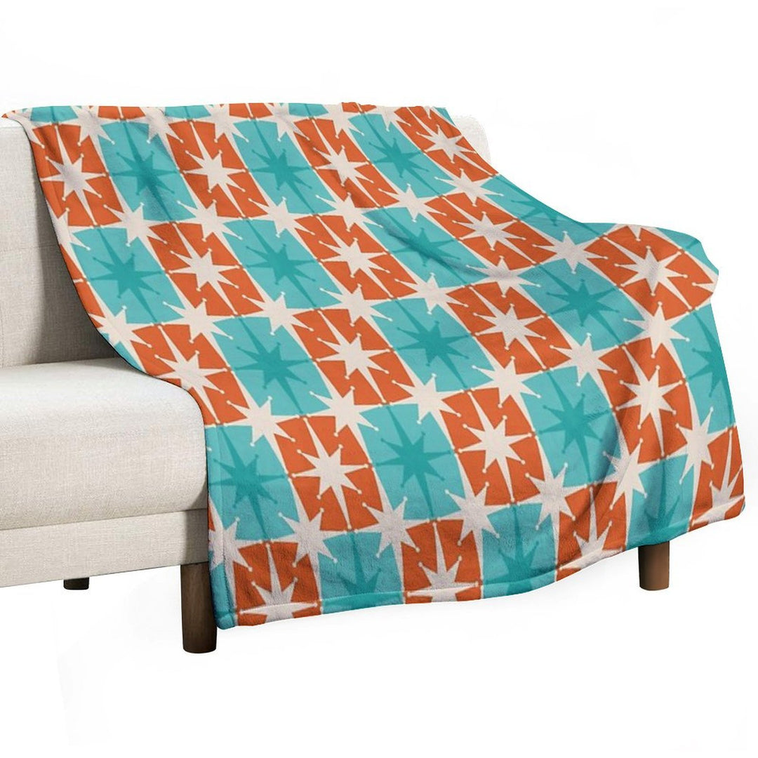 Mid Century Modern Atomic Stars Retro Checkered Starburst Pattern in Teal Turquoise Orange Plush Throw Blanket