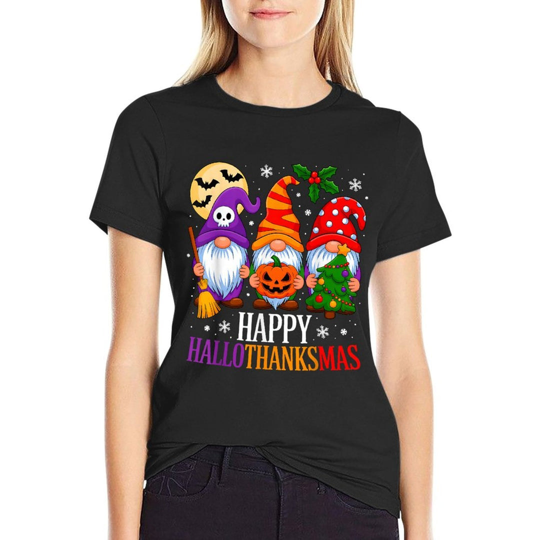 Happy HalloThanksMas Gnomes Halloween Thanksgiving Christmas  Summer-ready Fabric T-Shirt