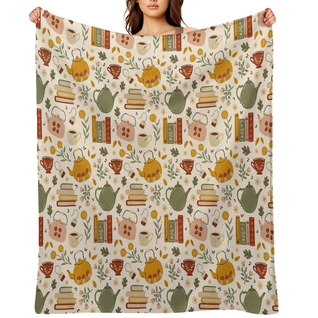 Flowery Books And Tea Travel-friendly Throw Blanket