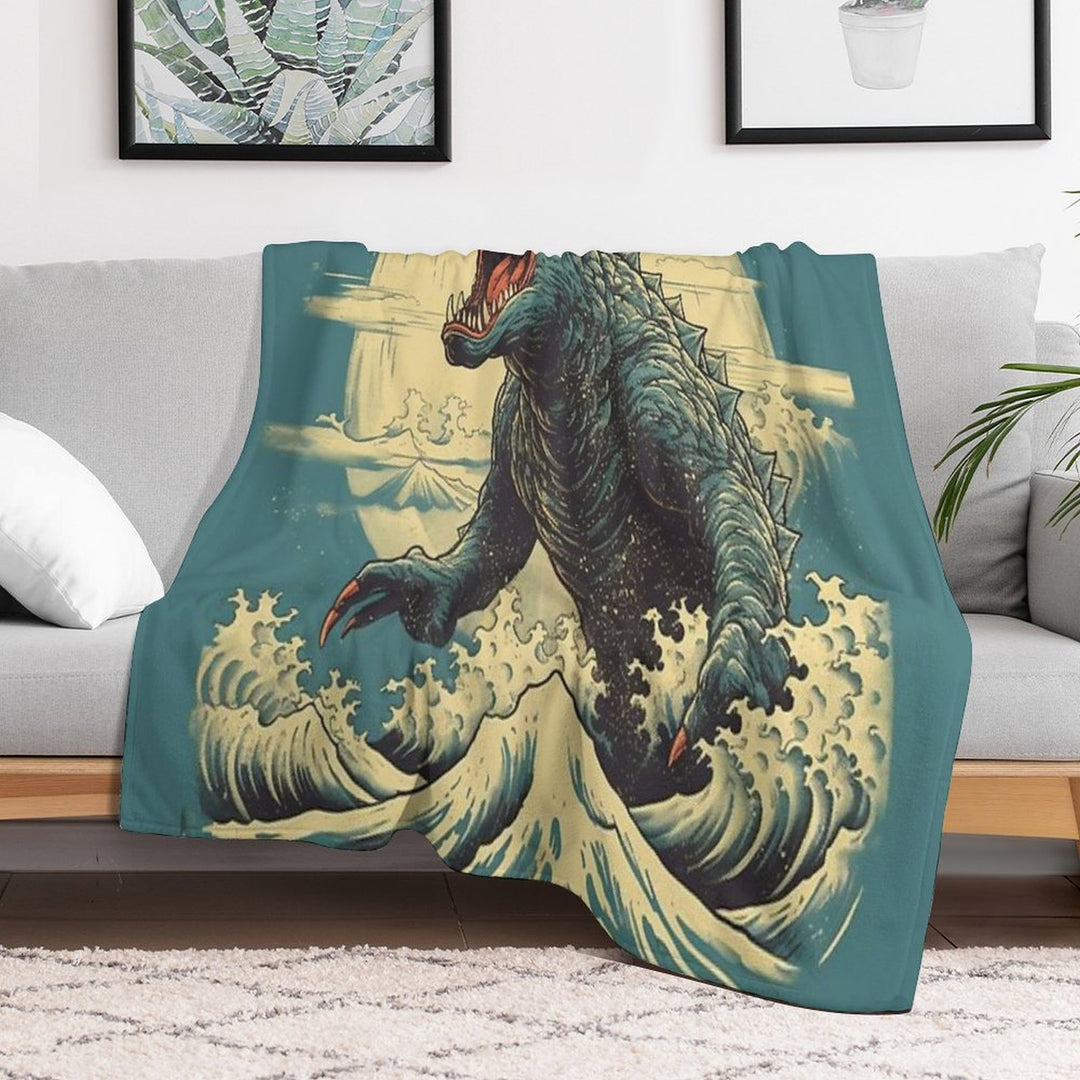 Vintage Japanese Godzilla Great Wave Plush Throw Blanket