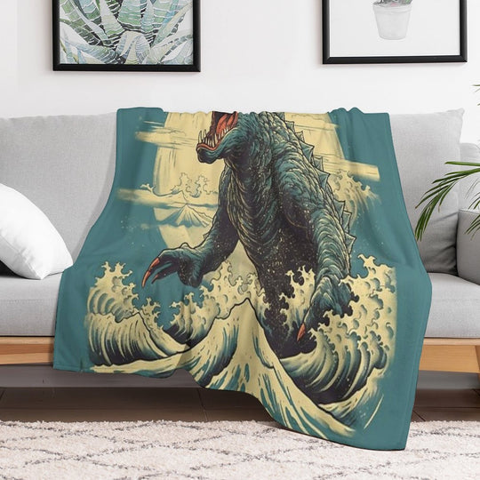 Vintage Japanese Godzilla Great Wave Plush Throw Blanket