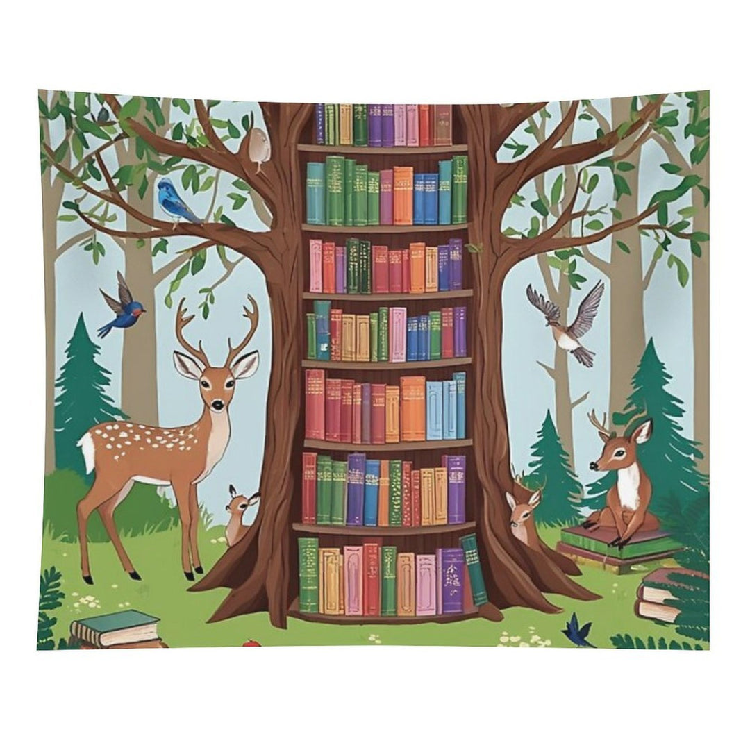Enchanted Forest Library – Whimsical Book Haven Illustration Tapestry
