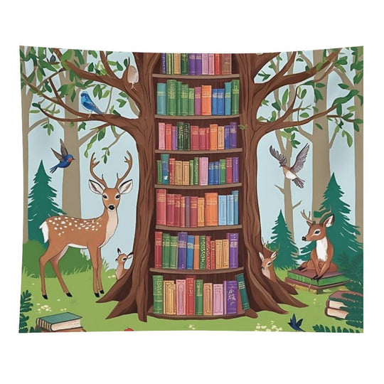 Enchanted Forest Library – Whimsical Book Haven Illustration Tapestry