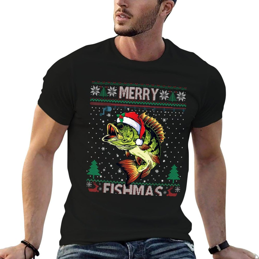 Merry Fishmas Bass Fish Fishing Christmas Ugly Sweater Xmas  Fade-proof Color T-Shirt