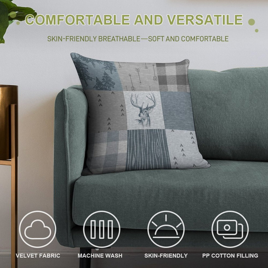 Deer Patchwork - Rustic Blue And Grey Soft Durable Construction Throw Pillow