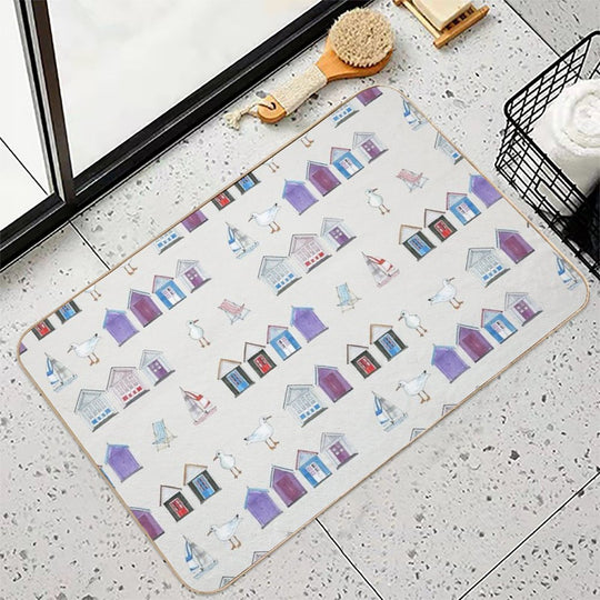 Beach Huts, Bournemouth - on Grey - Watercolour Pattern by Cecca Designs  Eco-Friendly Bath Mat
