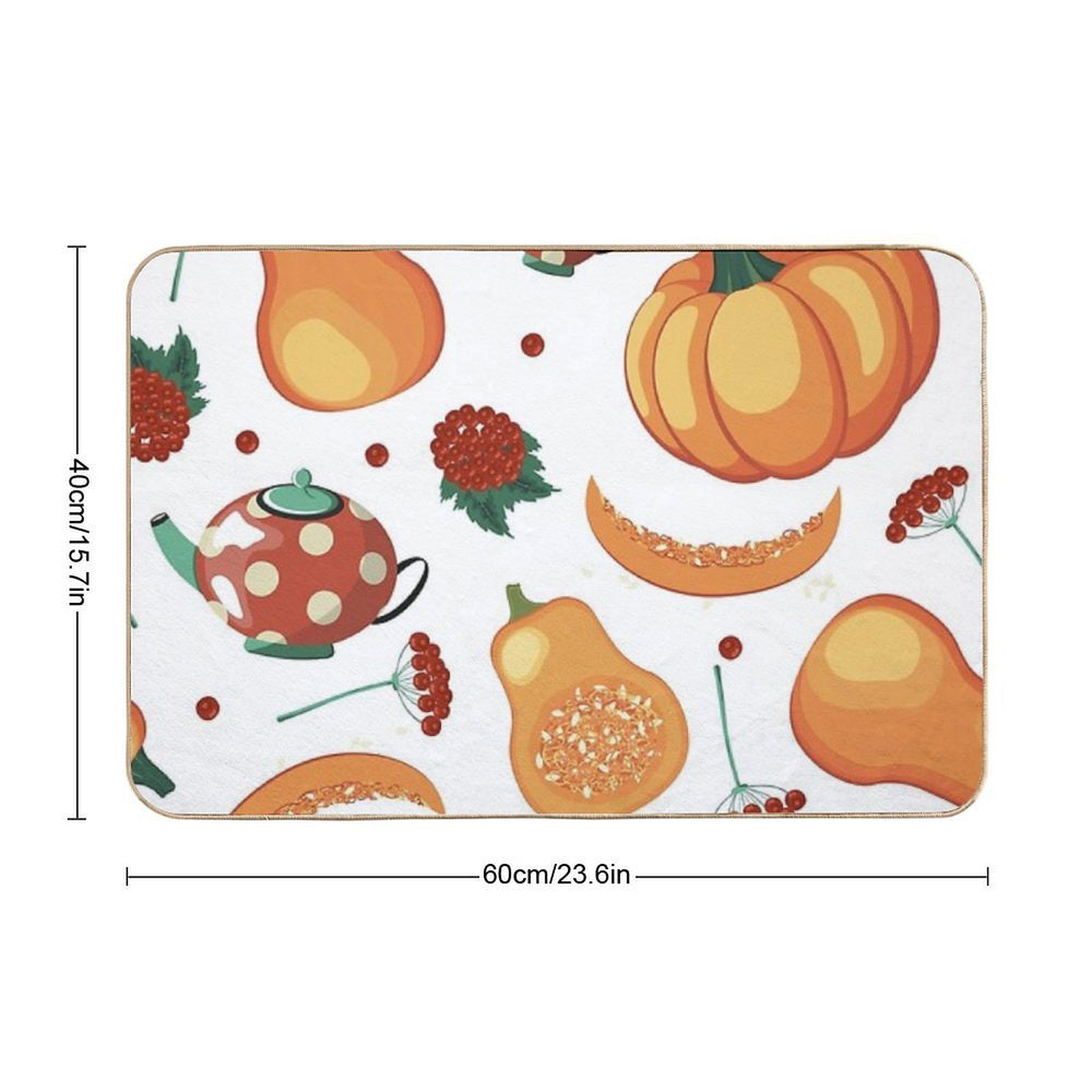 Autumn-Themed Seamless Pattern Featuring Pumpkins, Viburnum Twigs, Teapot, Tea Cup And Plate with Rose Hips  Non-Slip Bath Mat